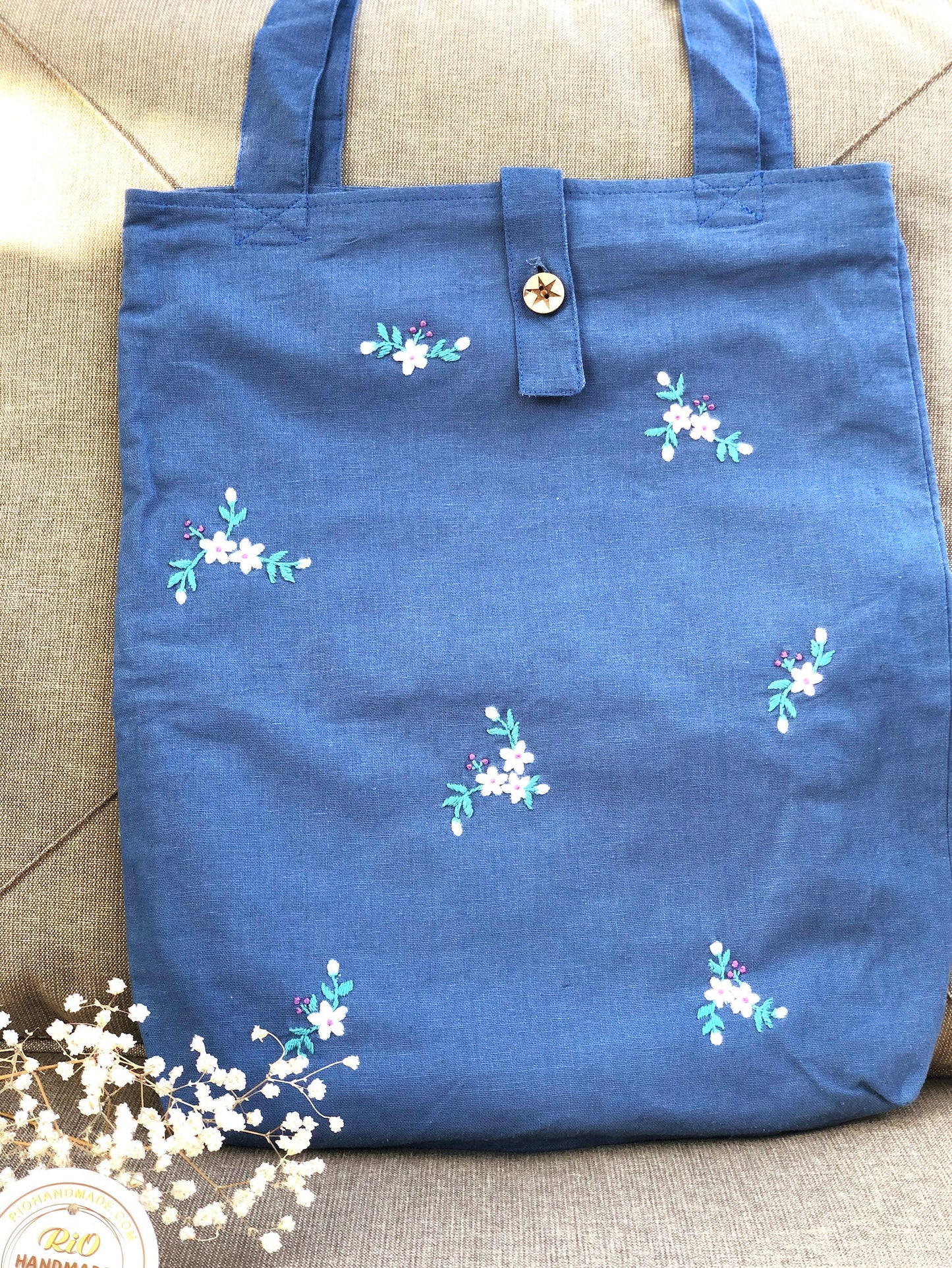 Handmade Linen Embroidery Floral Tote Bag Wild Flowers