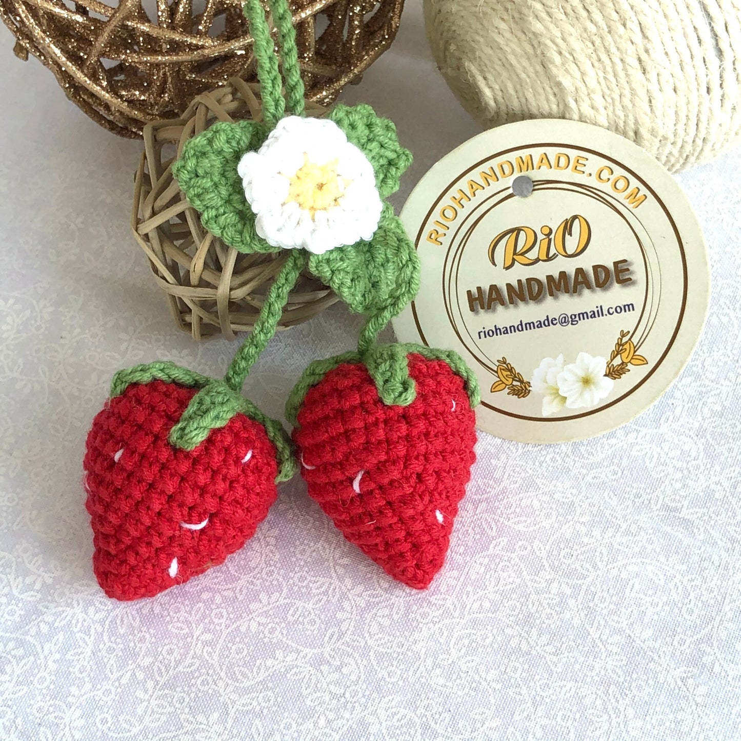 Handmade car rearview mirror charm, crochet strawberry, amigurumi strawberry, plushie toy, gift, car hanging accessory
