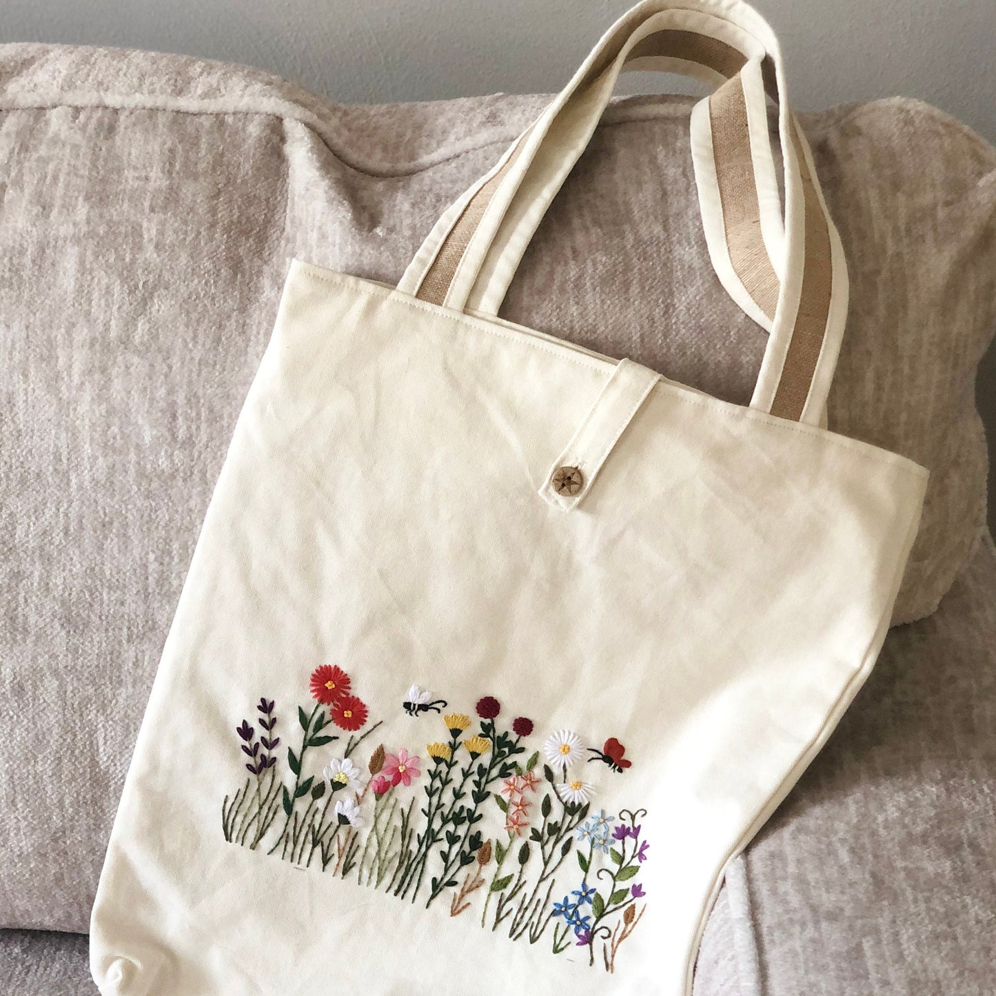 Ready To Ship, Handmade Embroidery Floral Tote Bag Wild Flowers