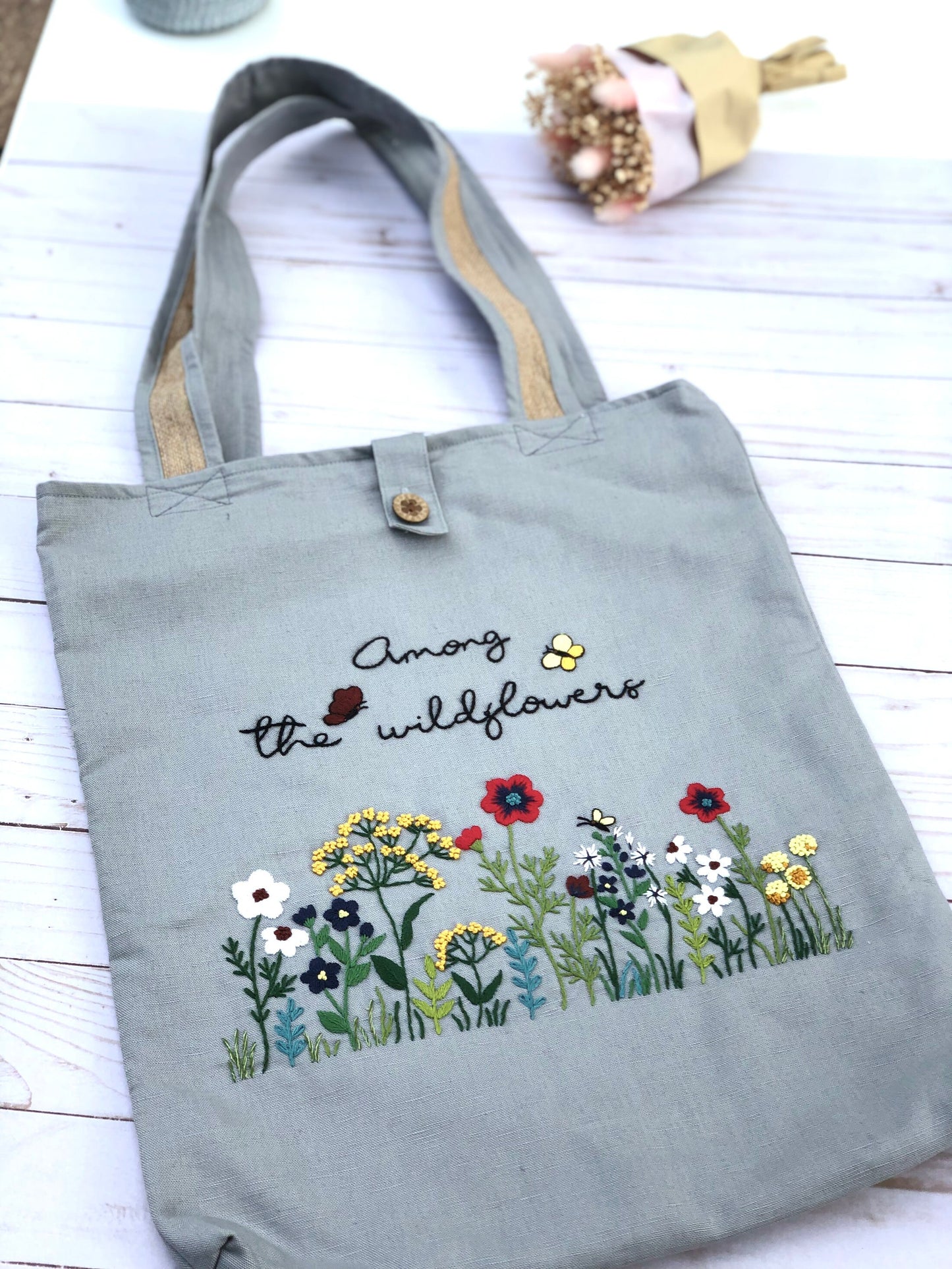 Handmade Linen Embroidery Among WildFlowers, Floral Tote Bag