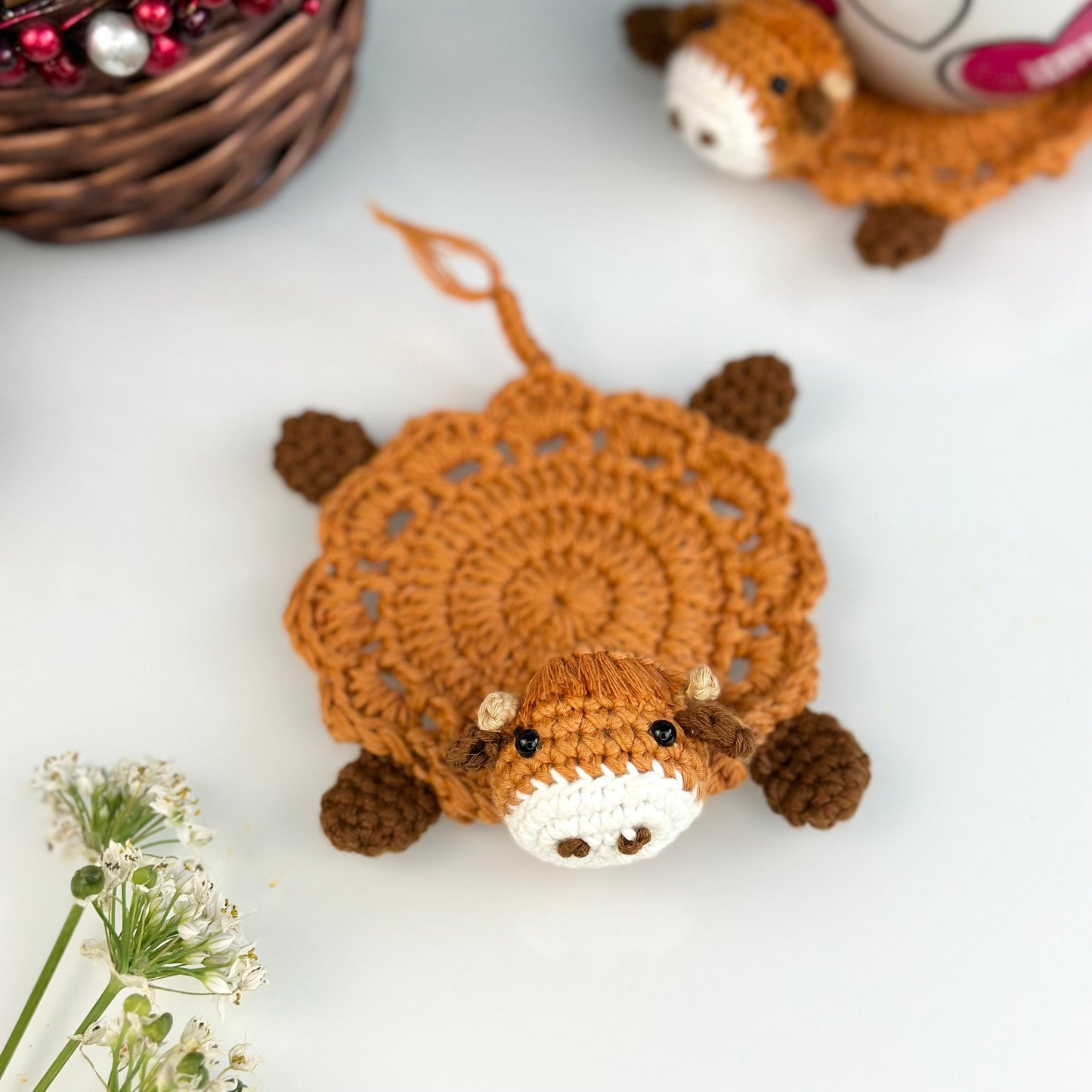 Ready To Ship, Rio Handmade Crochet Coaster, Crochet Highland Cow Coaster, Mug Rug, Housewarming Gift, Home Decor