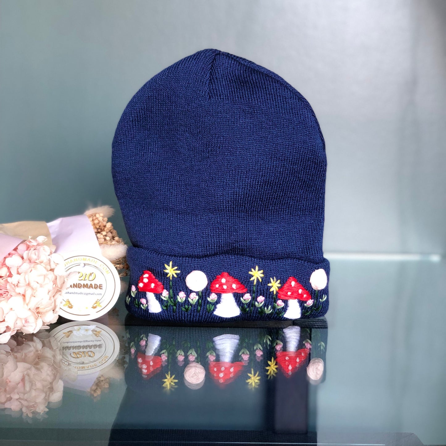 Hand embroidered Beanie, Winter Hat, Plant Hat, Handmade Hat, Mushroom Embroidery