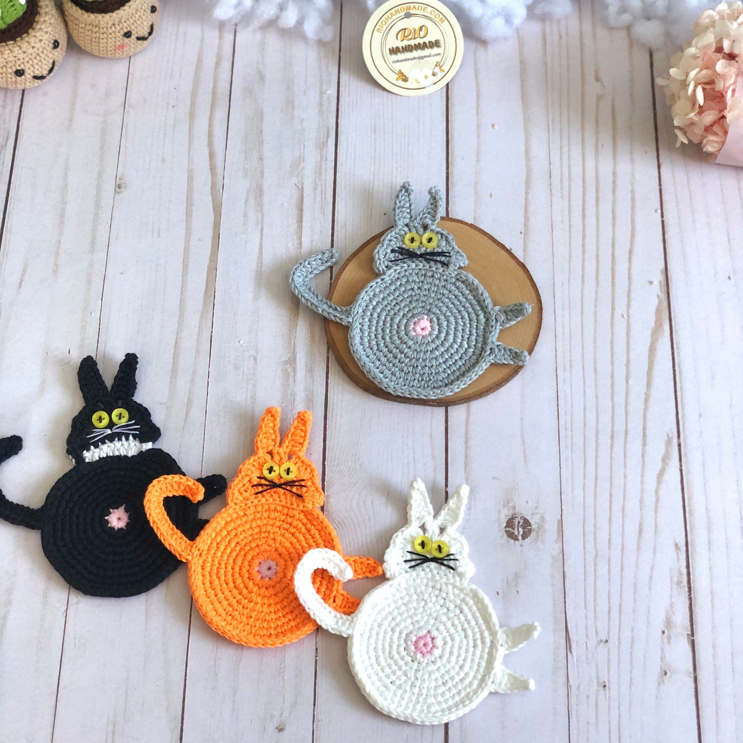 Handmade Crochet Amigurumi Coaster, Cat Coaster, Mug Rug, Kitten Bottom, Housewarming Gift, Home Decor