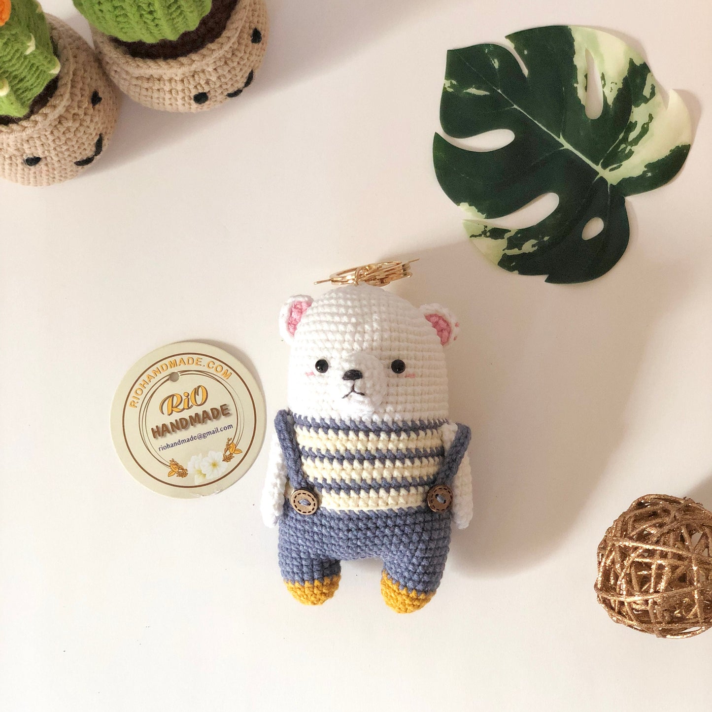 Handmade bear crochet keychain, pom bag charm, car rear view hanging mirrior, amigurumi, cute gift.