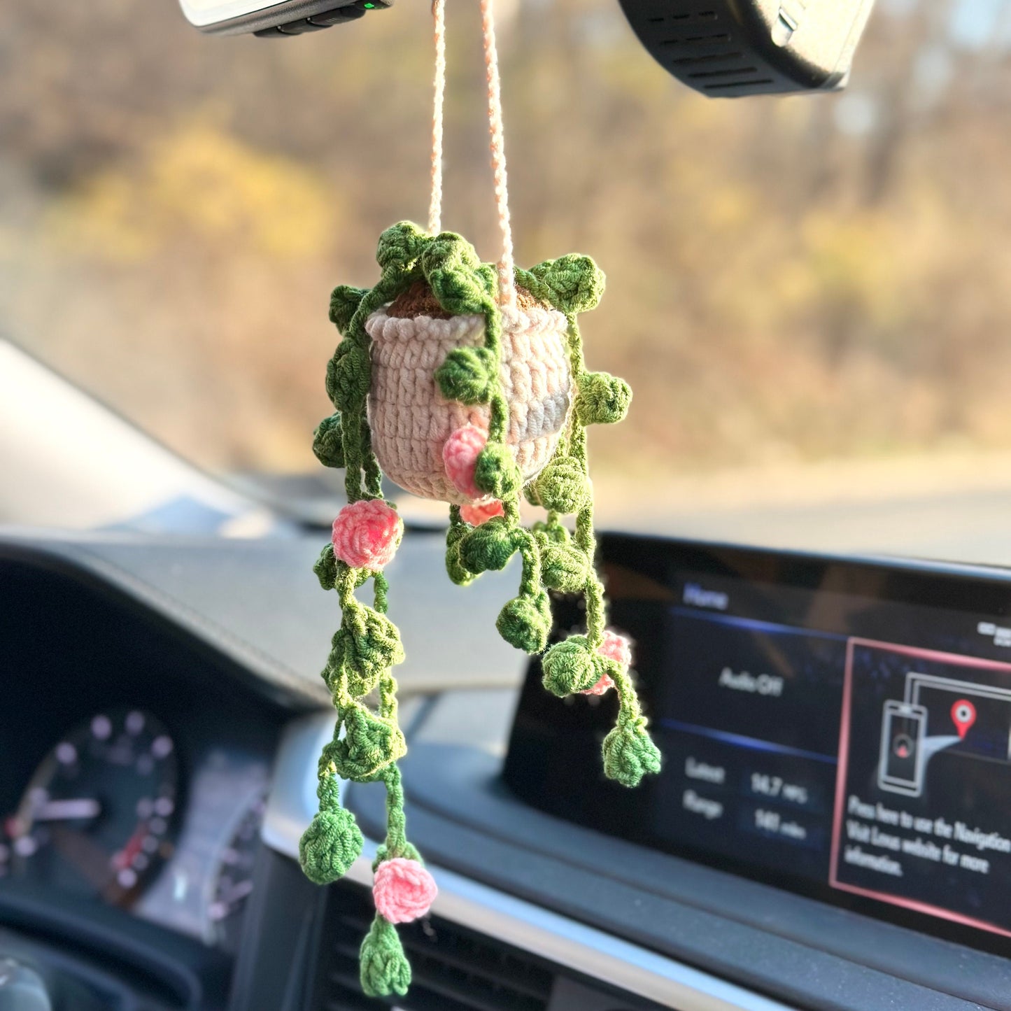 Handmade car rearview mirror charm, crochet hanging plant, Birthday gift, car hanging accessory, Car hanging plant