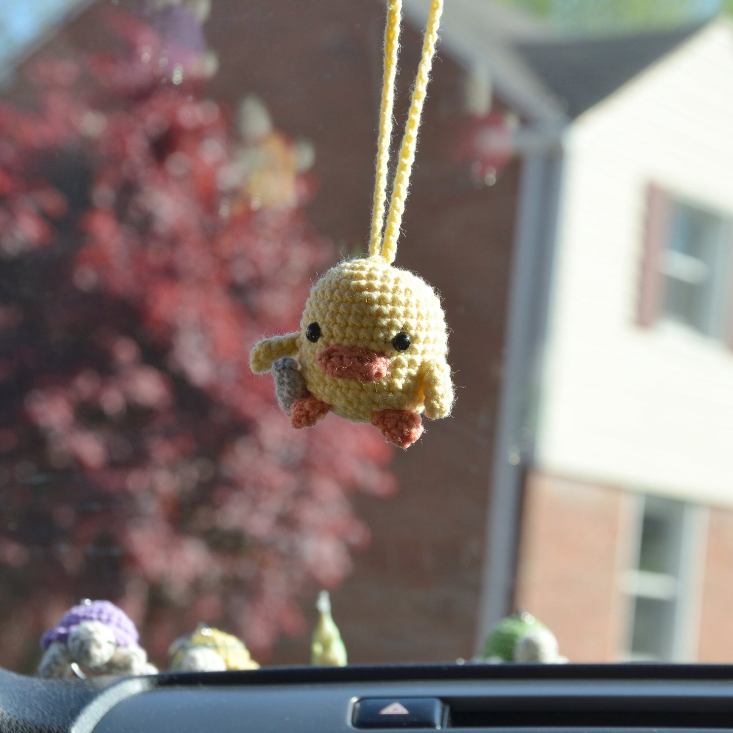Ready To Ship, Rio Handmade duck with knife meme crochet keychain, car rear view mirror hanging, ducky meme, duck with frog hat, cute gift,