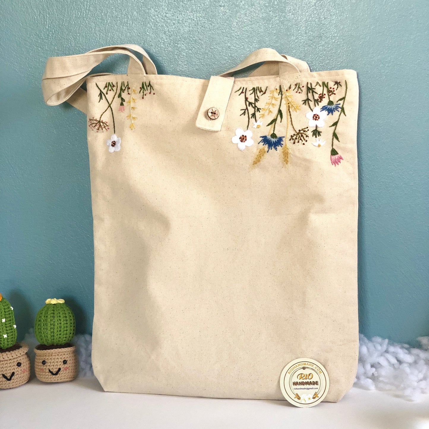 Handmade Embroidery Floral Linen Tote Bag Flowers