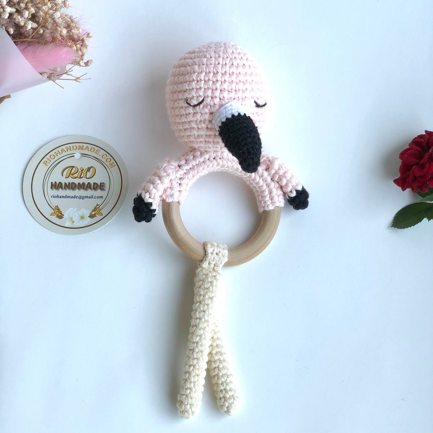 Rio Handmade Personalized Baby Gift, Flamingo Newborn Baby Rattle, Baby Crochet Rattle Gift, Toy Rattle With Name