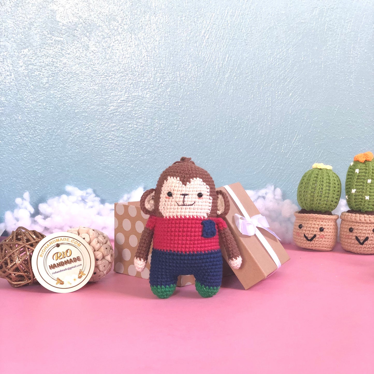 Handmade monkey crochet, gift for kid, pom bag charm, car rear view hanging mirrior, amigurumi, cute gift.