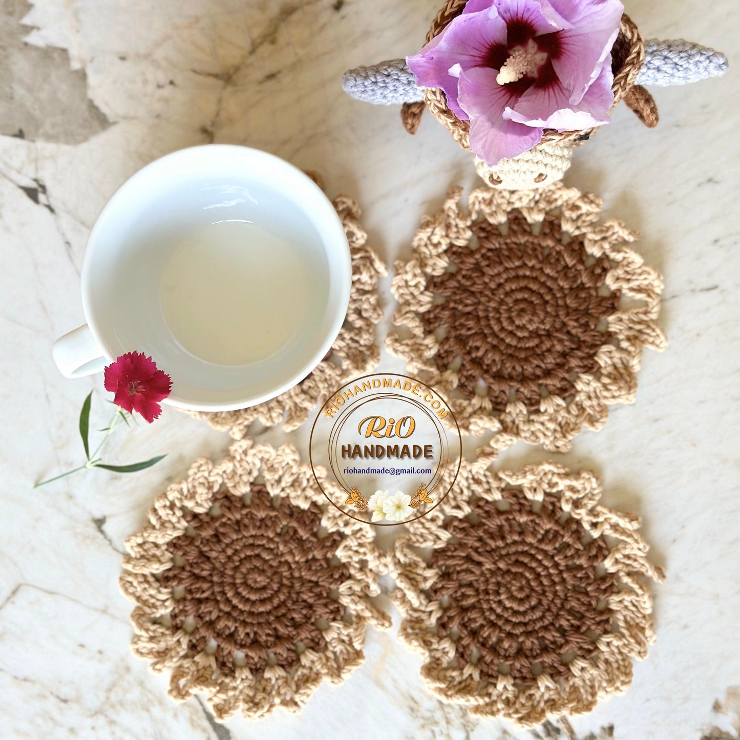 Ready To Ship, Rio Handmade Crochet Highland Cow Coaster, Set of 4 Coaster and Head, Mug Rug, Housewarming Gift, Home Decor, Birthday Gift