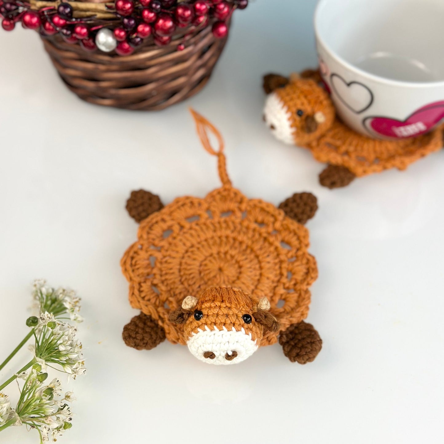 Ready To Ship, Rio Handmade Crochet Coaster, Crochet Highland Cow Coaster, Mug Rug, Housewarming Gift, Home Decor