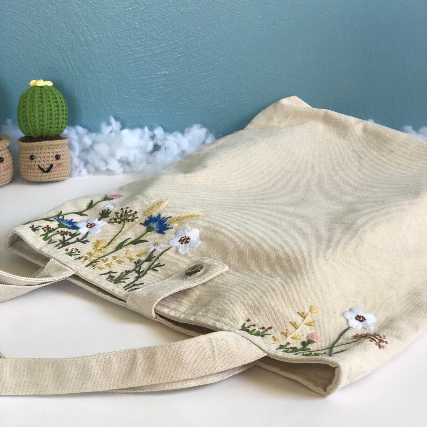 Handmade Embroidery Floral Linen Tote Bag Flowers