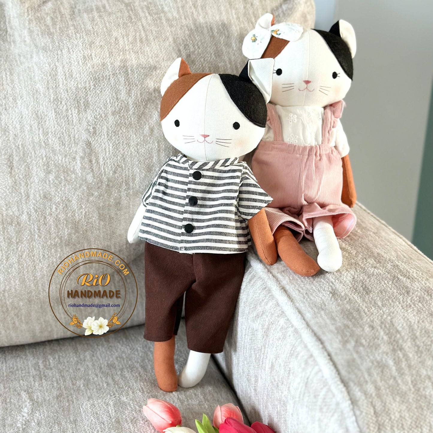 Rio Handmade Linen Cat Doll, Nursery Decor Stuffed, Linen Baby Toy, Stuffed Cat Toy For Toddler, Kid, Adult Hobby