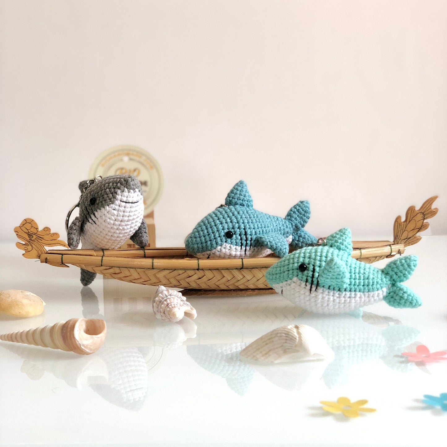 Handmade Shark crochet keychain, pom bag charm, car rear view hanging mirrior, amigurumi, cute gift.