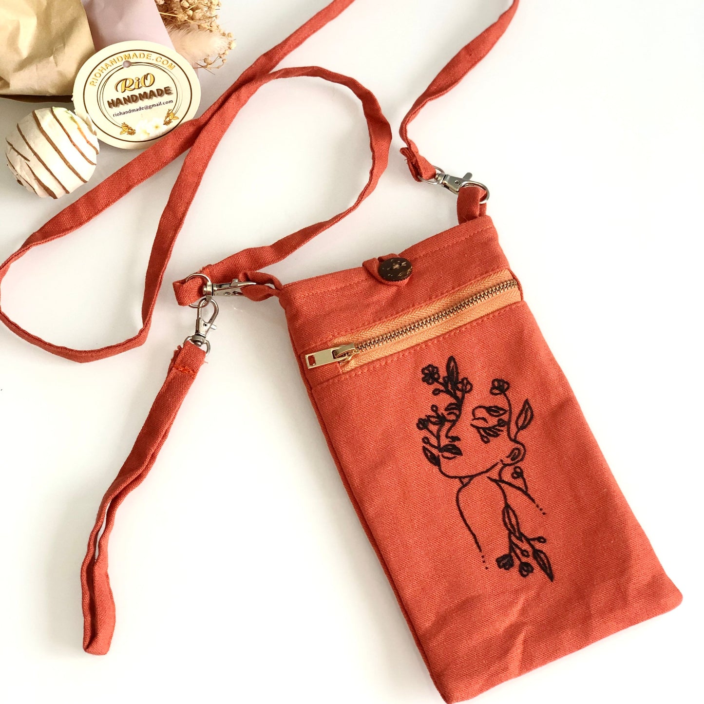 Hand Embroidered Linen Crossbody Phone Pouch, Linen Iphone Pouch, Cell phone crossbody purse