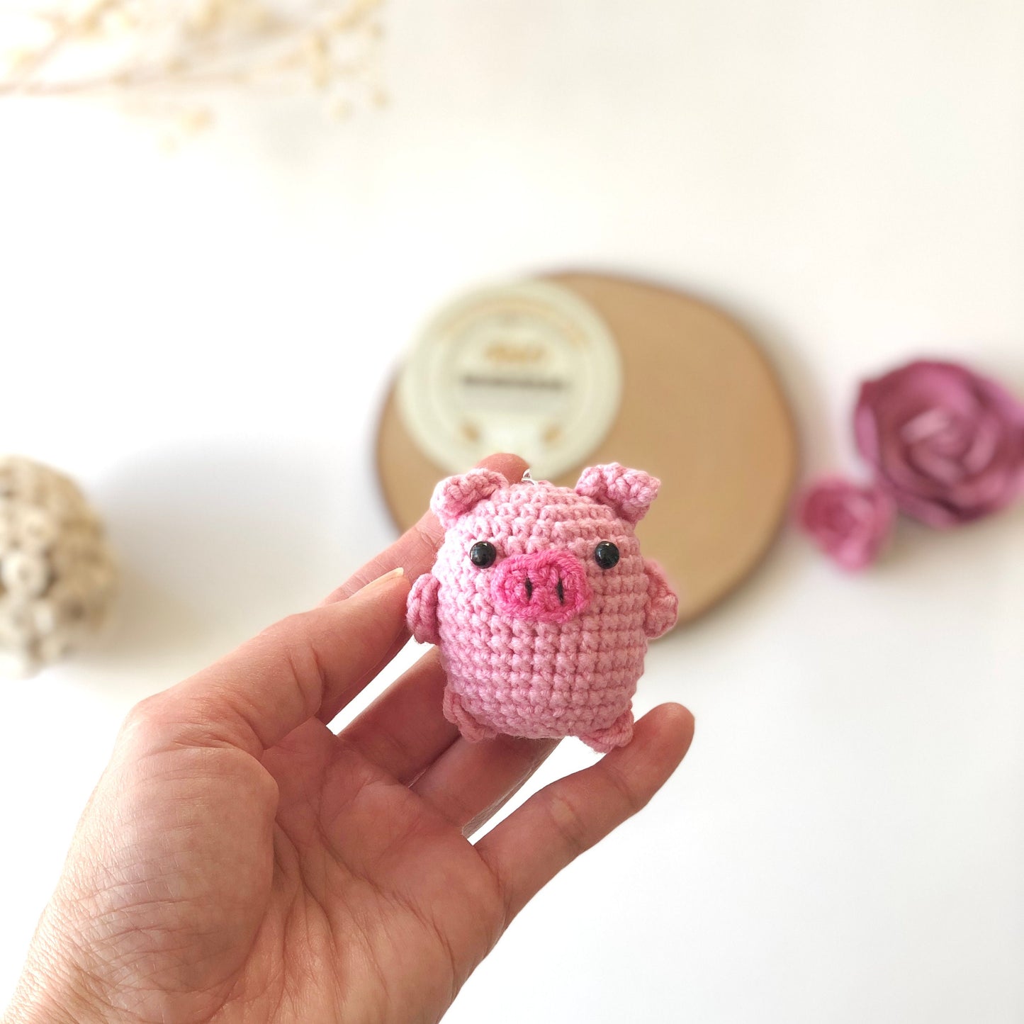Handmade pink pig crochet keychain mirror charm crochet amigurumi, plushie toy, gift, car hanging accessory