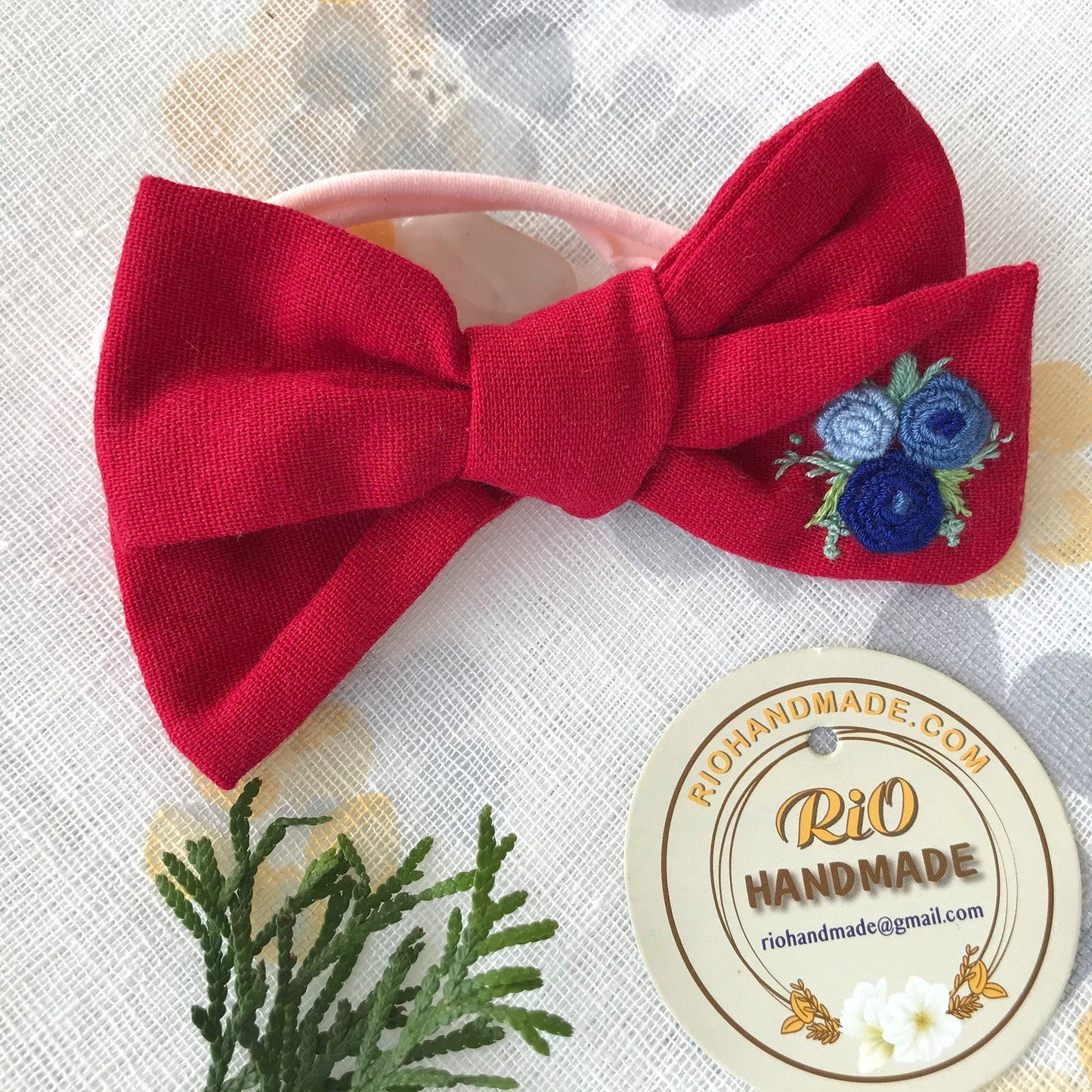 Handmade Linen Embroidery Clip Bow, Headband Bow