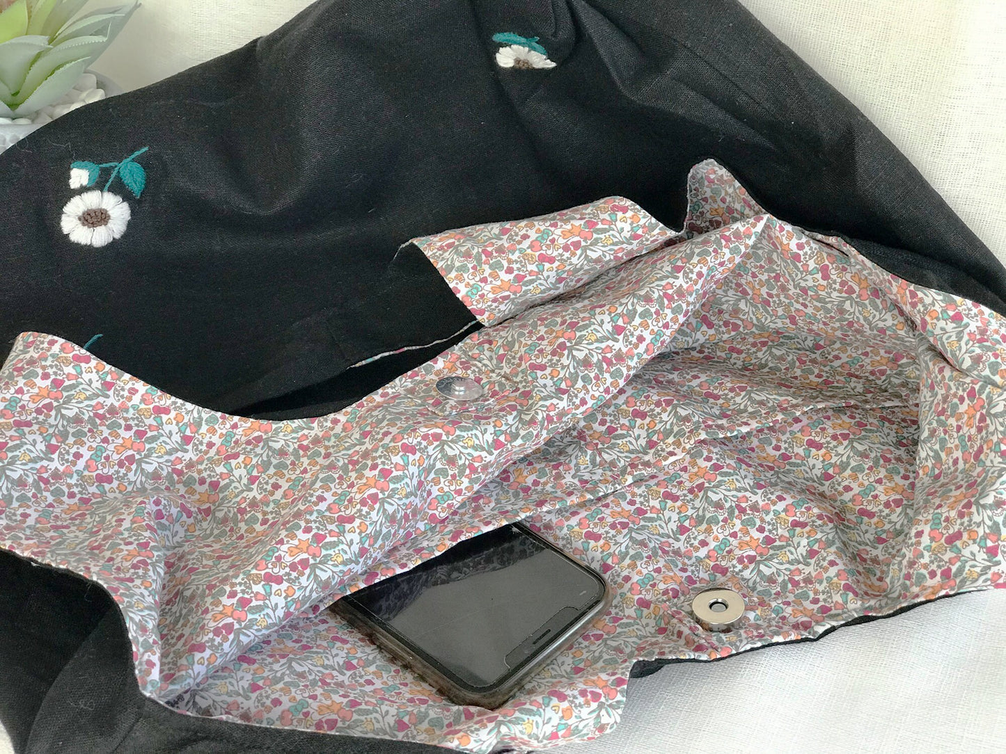 Handmade Linen Embroidery Flower Tote Bag