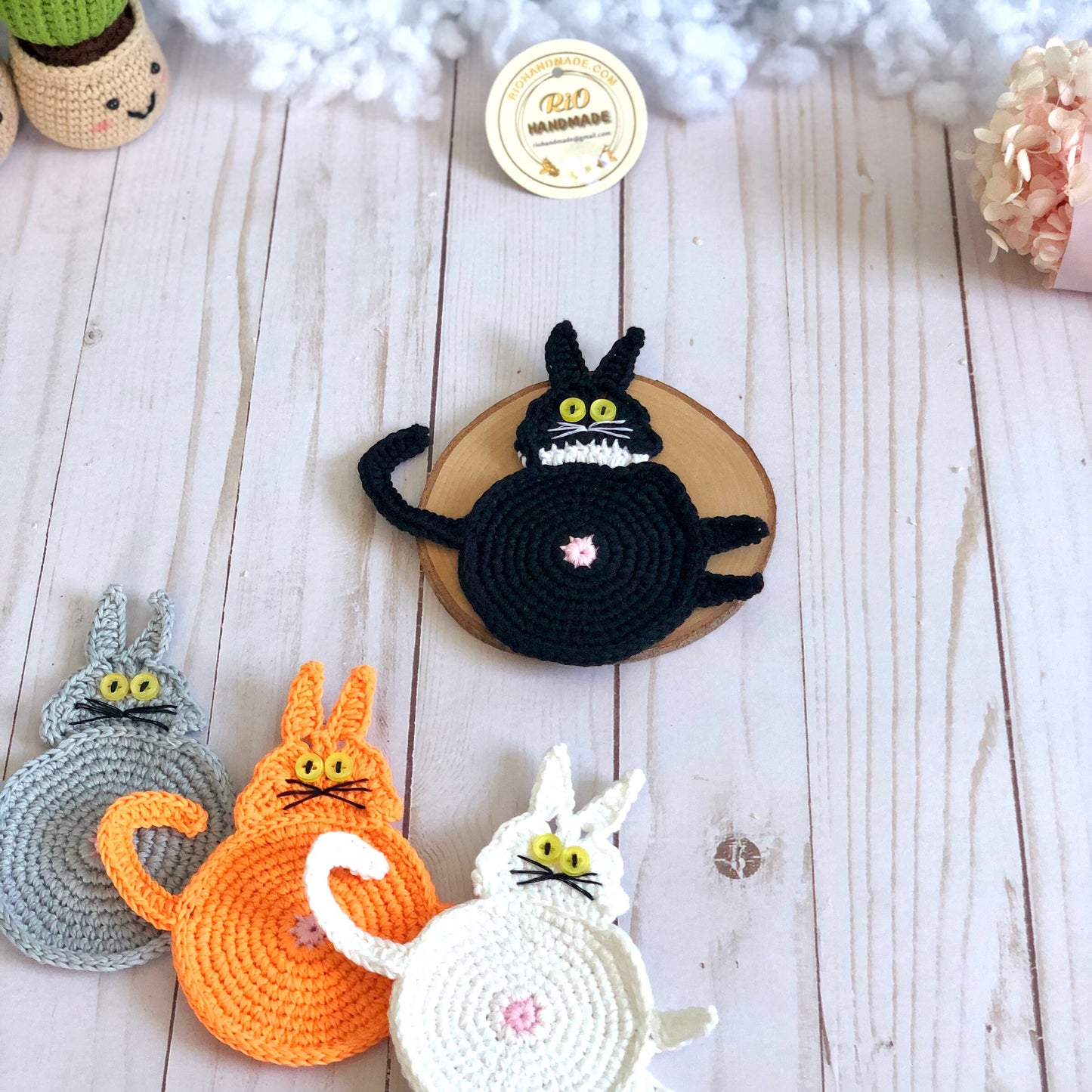 Handmade Crochet Amigurumi Coaster, Cat Coaster, Mug Rug, Kitten Bottom, Housewarming Gift, Home Decor