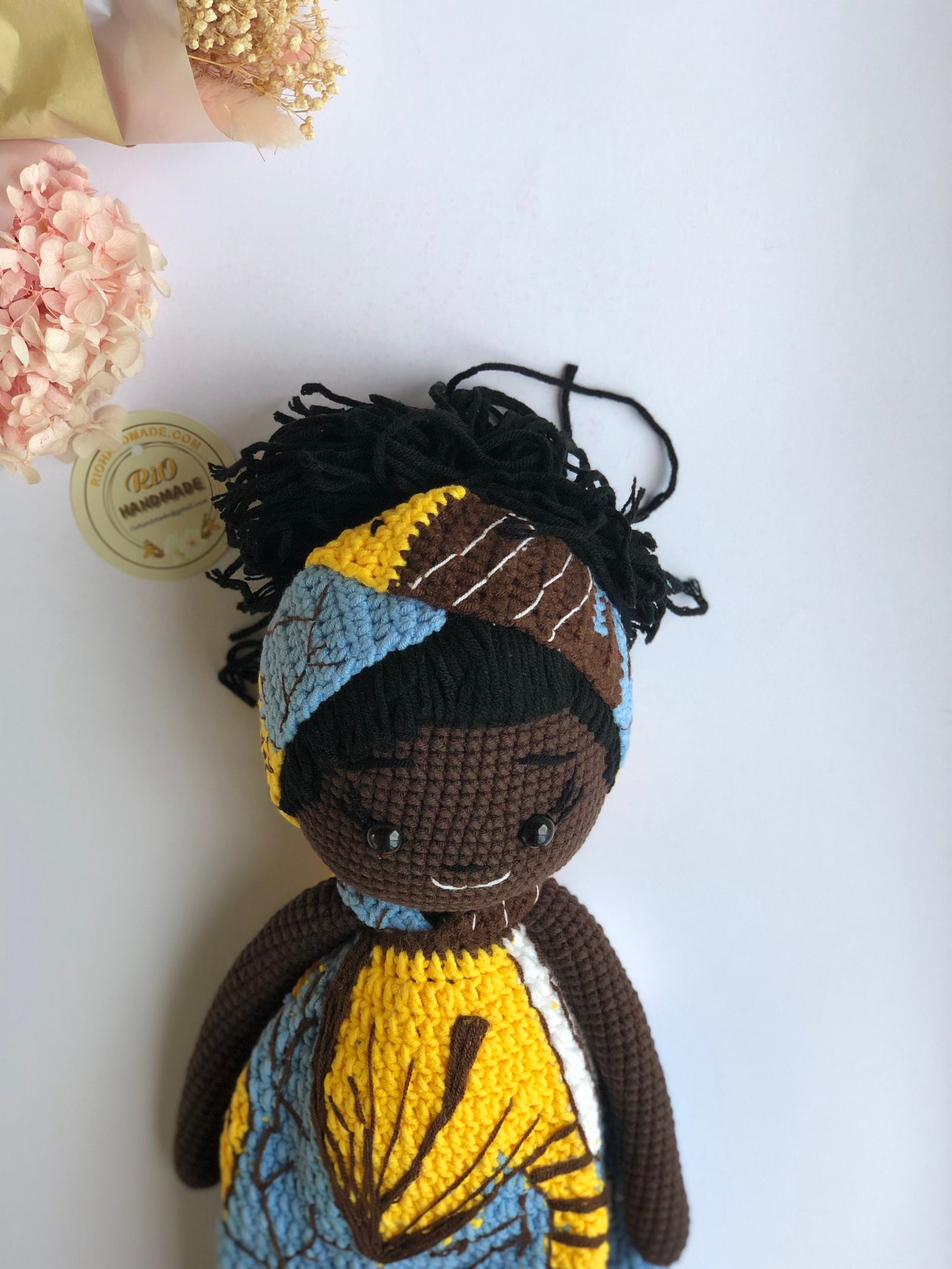 Handmade doll crochet, amigurumi African American, cute, soft toy for baby, toddler, kid, adult hobby