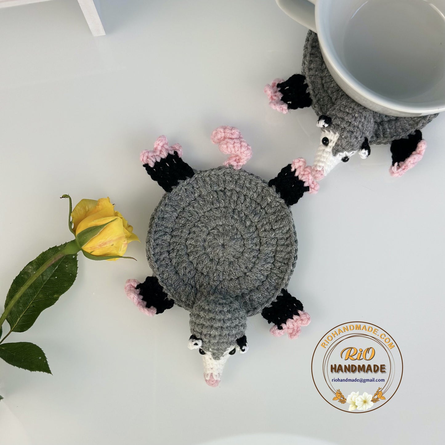 Ready To Ship, Rio Handmade Crochet Coaster, Crochet Opossum Coaster, Mug Rug, Housewarming Gift, Home Decor, Gift For Teacher, Parent