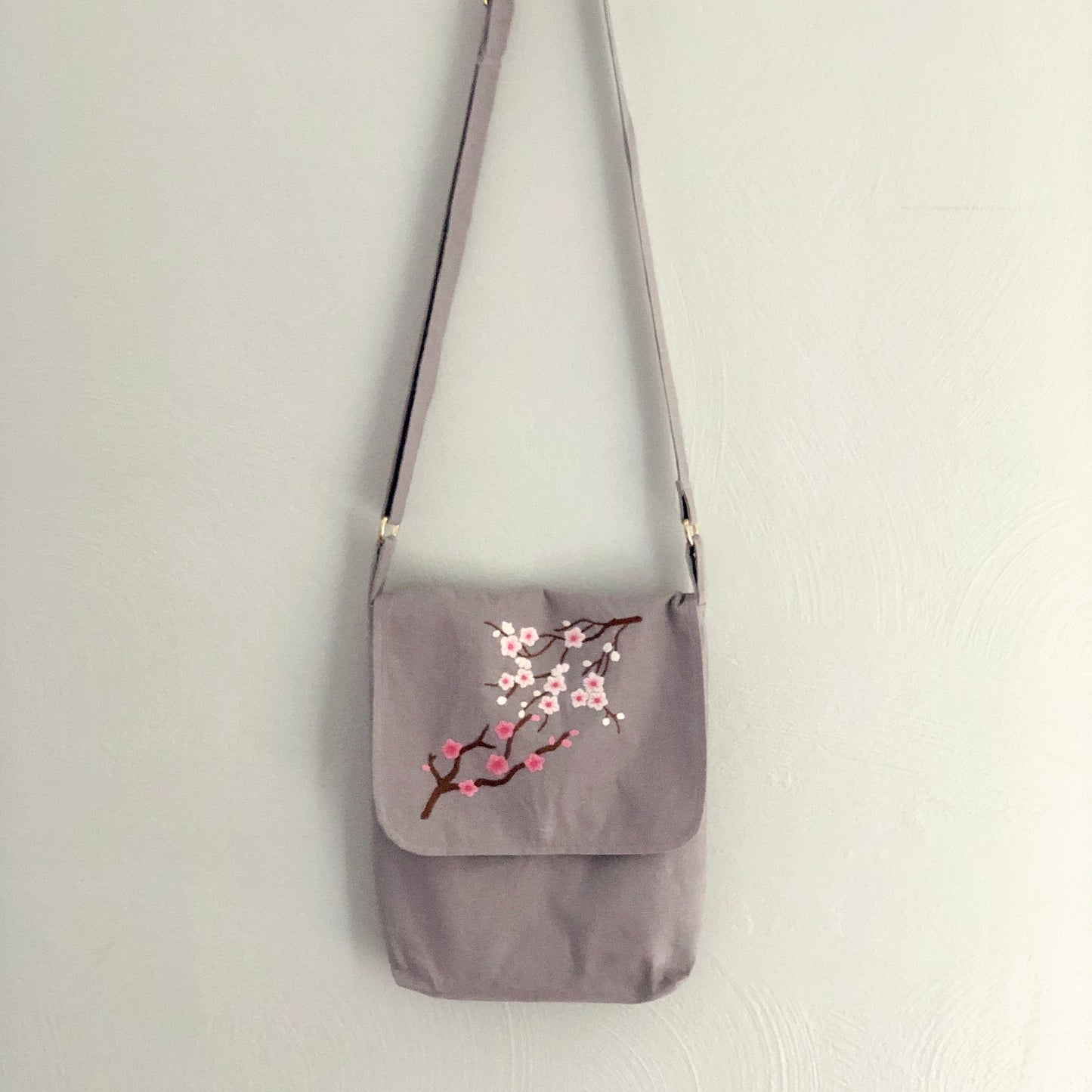 Hand Embroidered Cherry Blossom Linen Crossbody Bag, Linen Bag, Crossbody Bag
