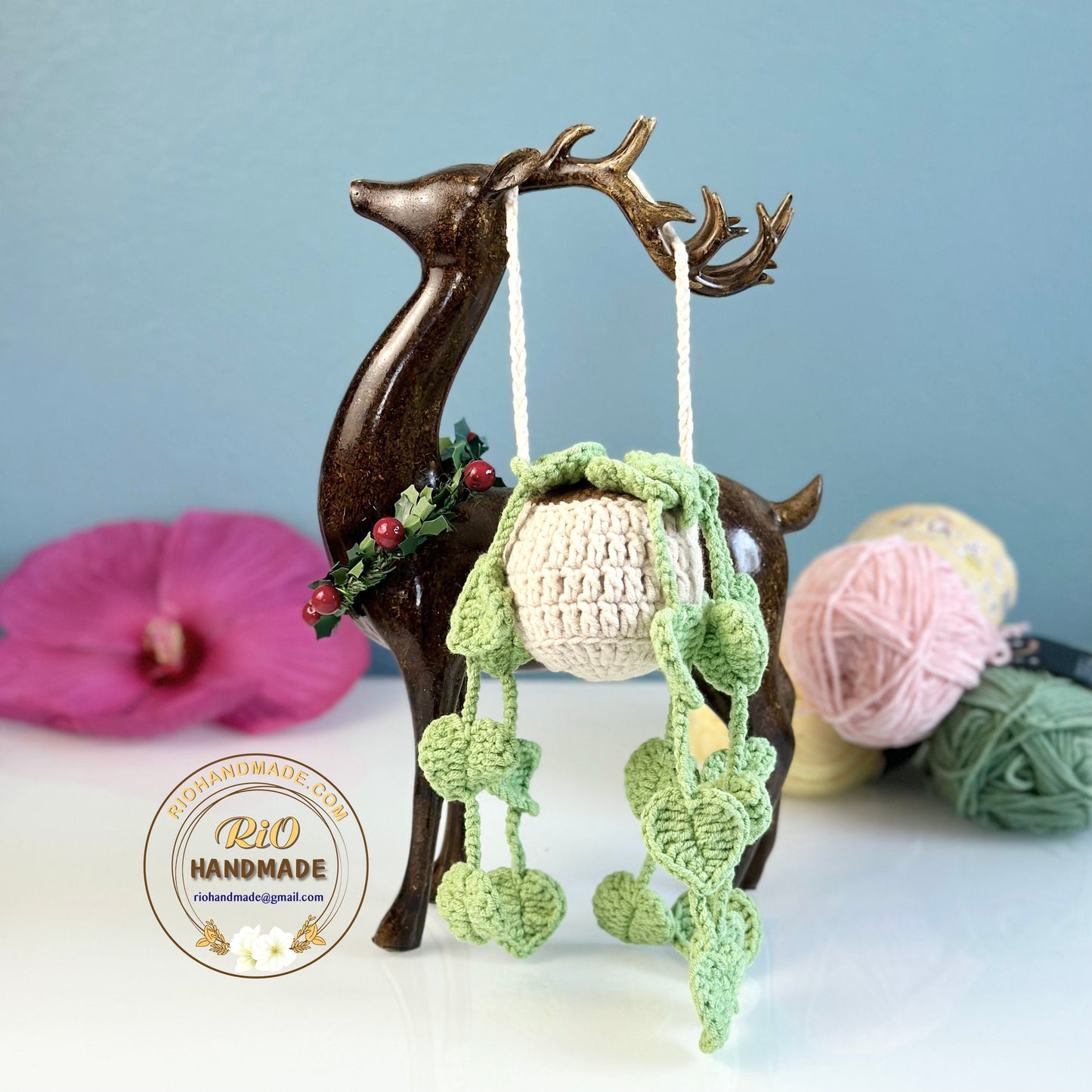 Handmade car rearview mirror charm, crochet hanging plant, Birthday gift, car hanging accessory, Car hanging plant