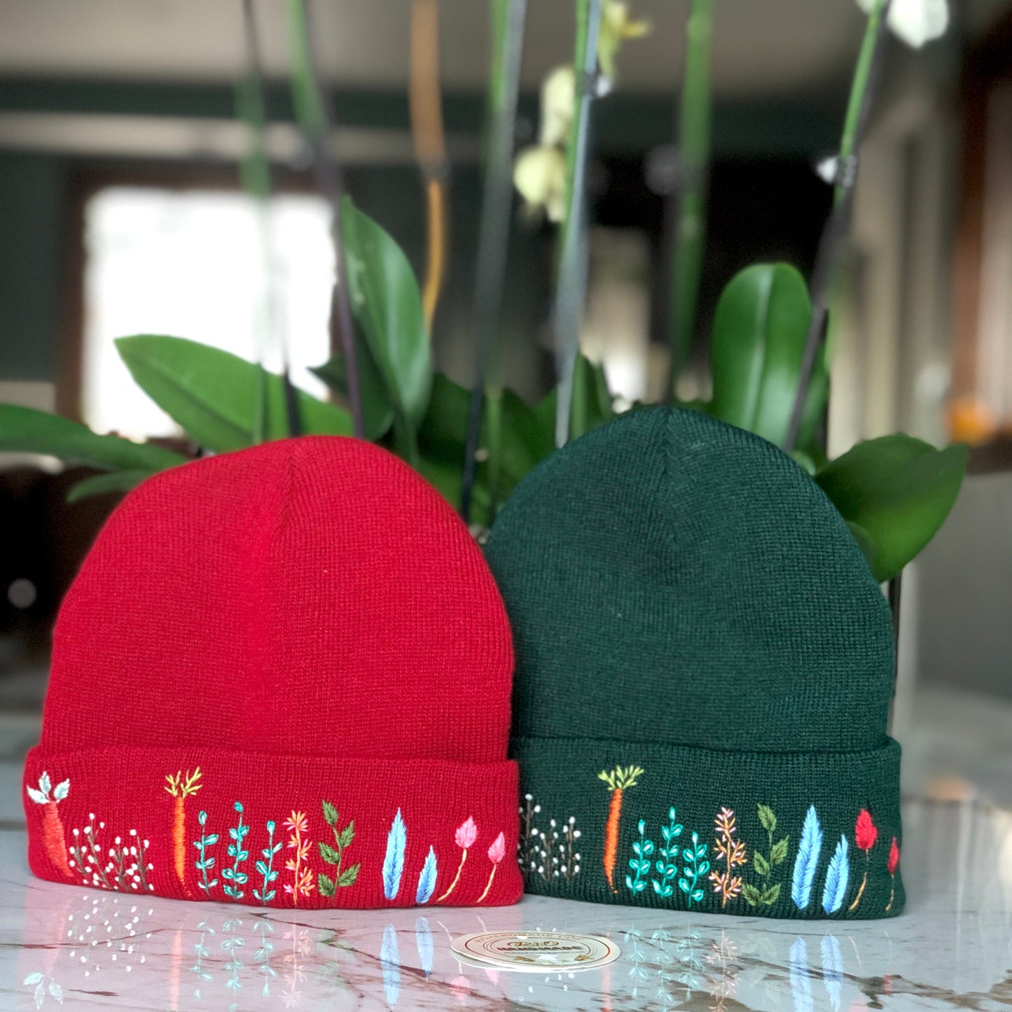 Hand embroidered Beanie, Winter Hat, Plant Hat, Handmade Hat