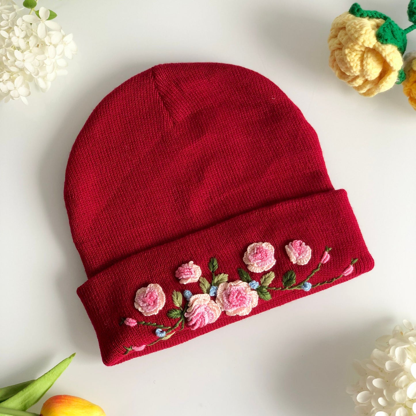 Hand embroidered Beanie, Winter Hat, Rose flower Hat, Handmade Hat, Rose flower Embroidery