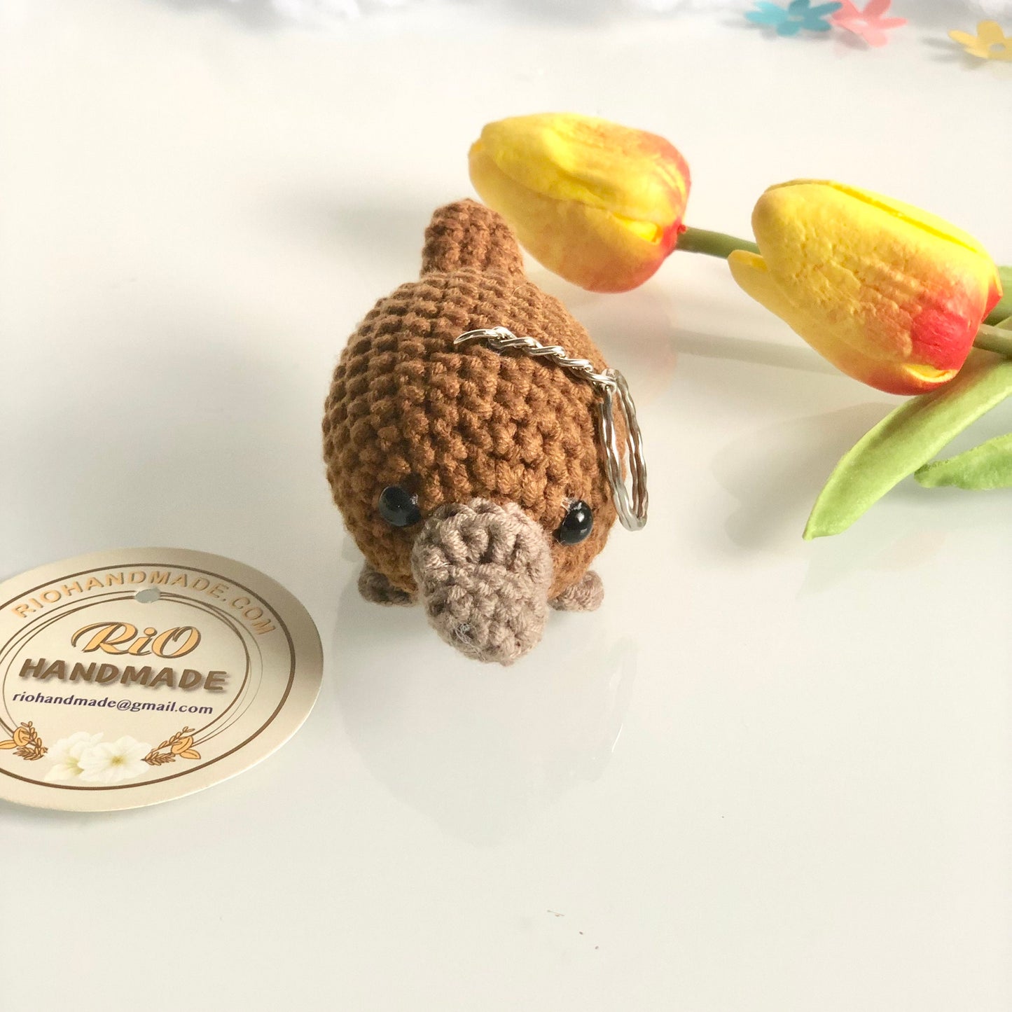 Handmade Platypus crochet keychain, pom bag charm, car rear view hanging mirrior, amigurumi, cute gift.