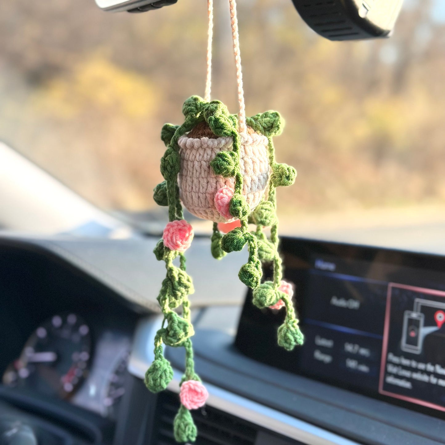 Handmade car rearview mirror charm, crochet hanging plant, Birthday gift, car hanging accessory, Car hanging plant