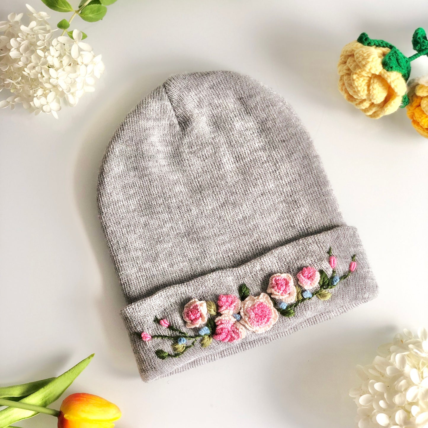 Hand embroidered Beanie, Winter Hat, Rose flower Hat, Handmade Hat, Rose flower Embroidery