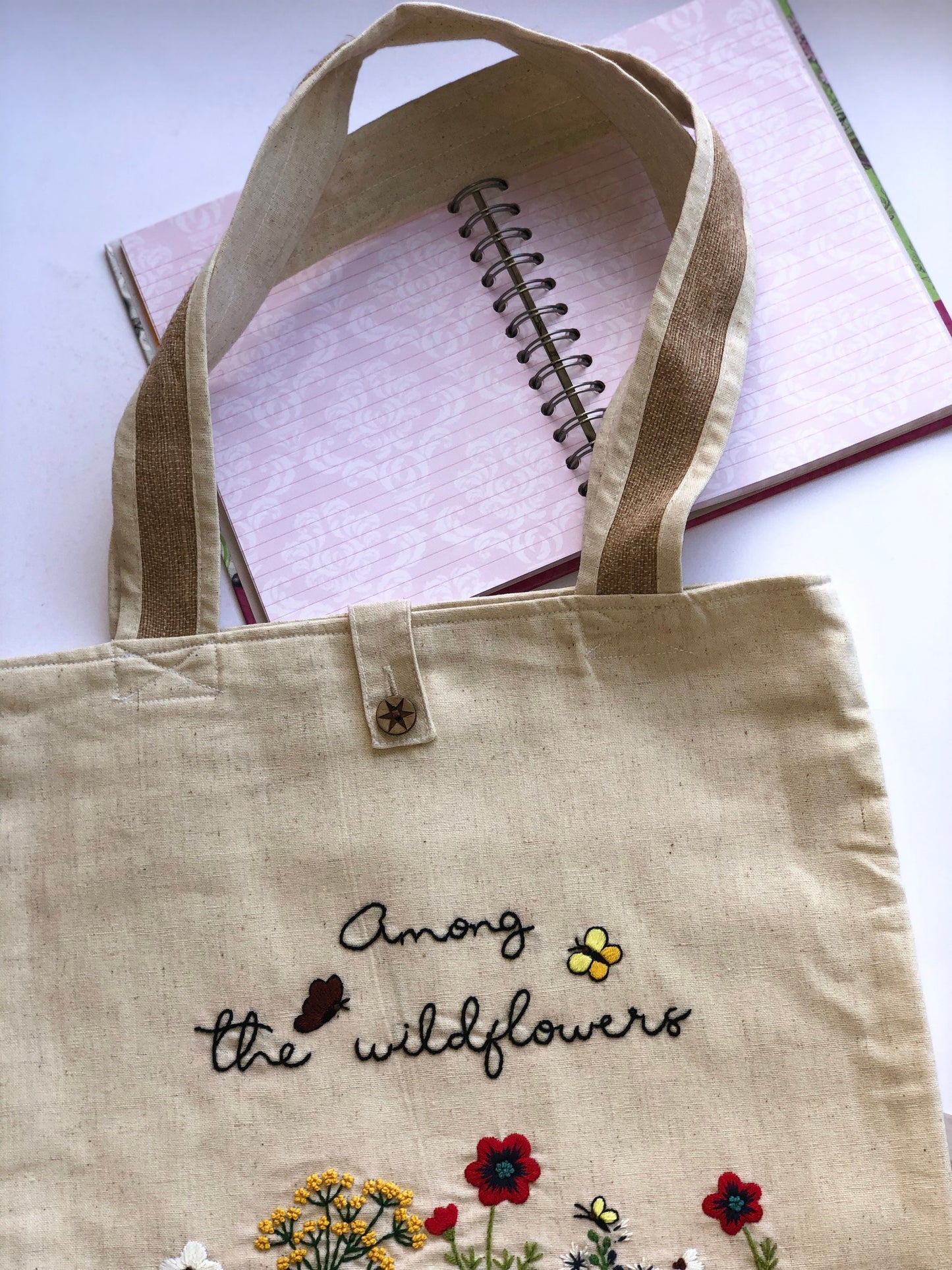 Handmade Linen Embroidery Among WildFlowers, Floral Tote Bag