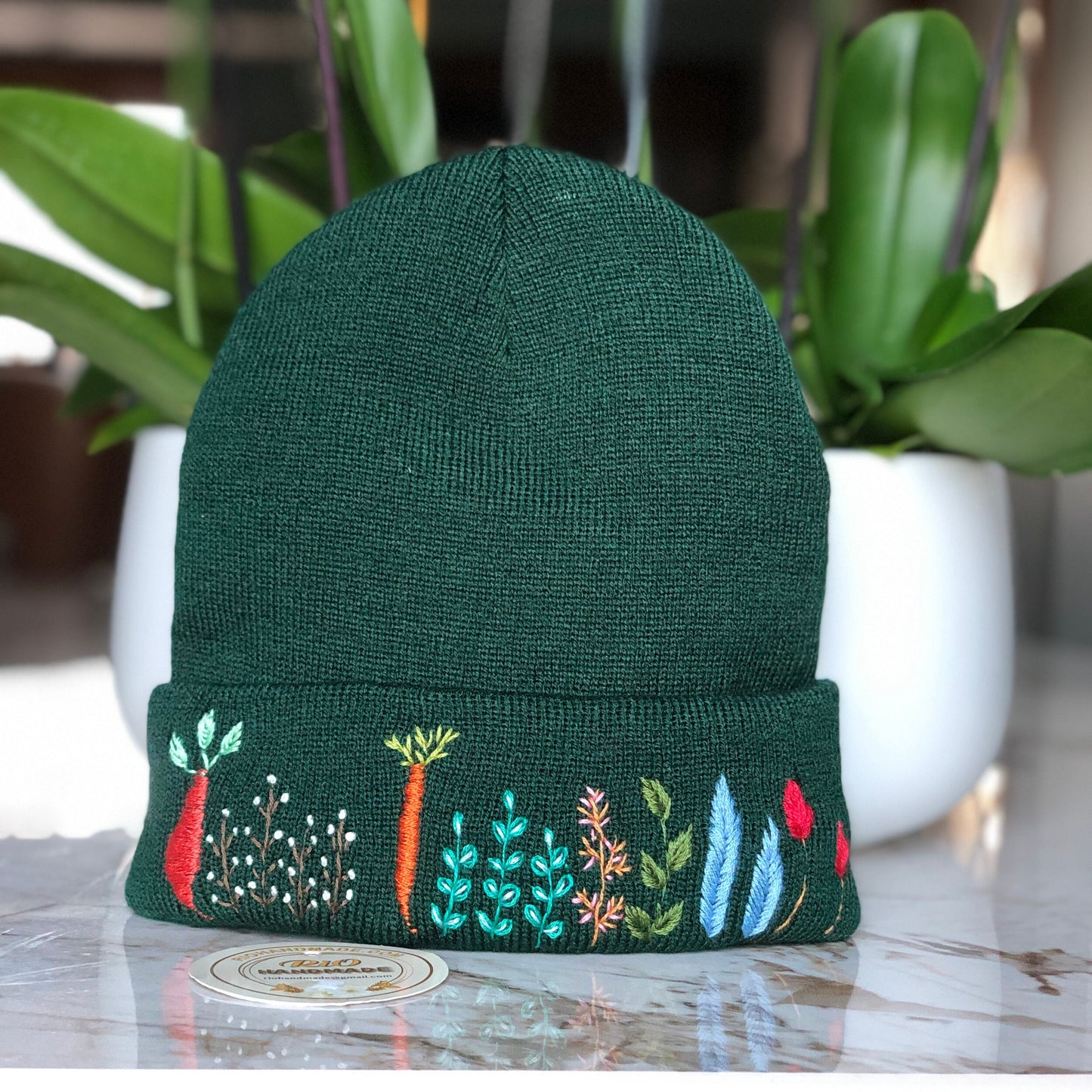 Hand embroidered Beanie, Winter Hat, Plant Hat, Handmade Hat
