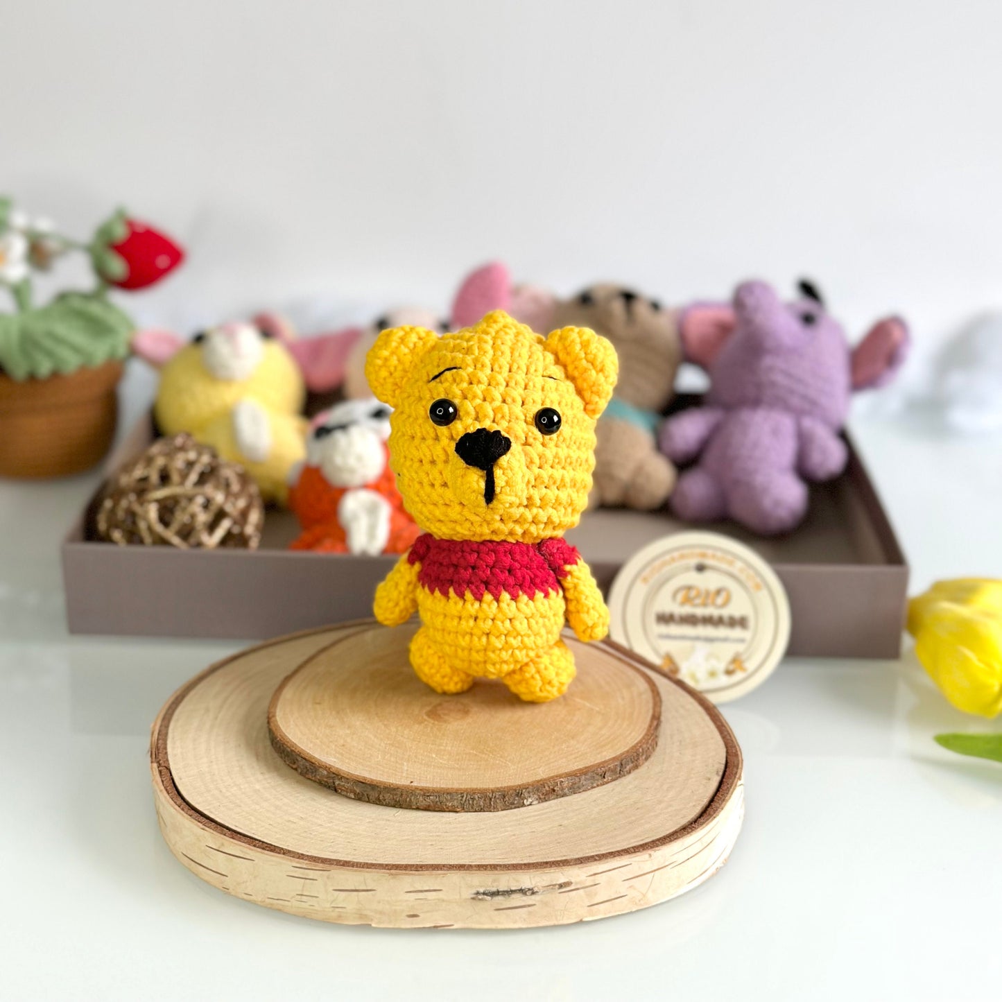 Handmade yarn cotton animal crochet, amigurumi Winnie the Pooh inspired stuffed, cute, soft toy for baby, toddler, kid, adult hobby,