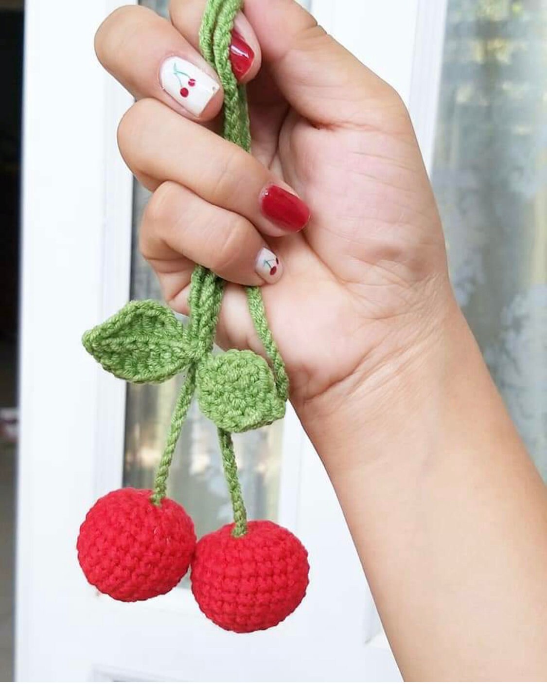 Handmade car rearview mirror charm, crochet cherries, amigurumi cherry, plushie toy, gift, car hanging accessory