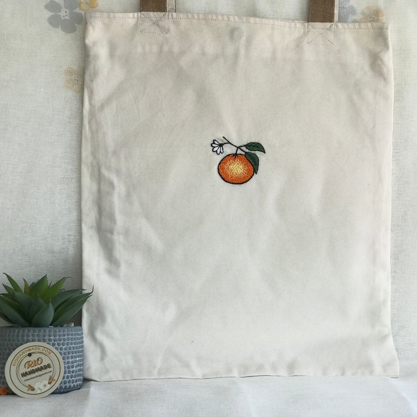 Handmade Linen Embroidery Orange Tote Bag