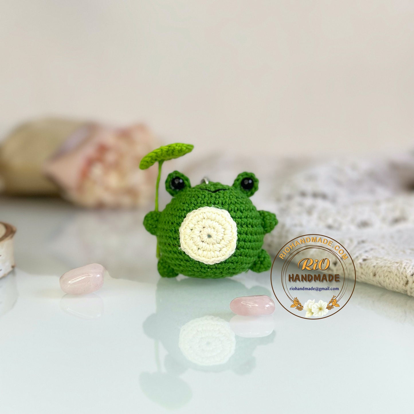 Rio Handmade yarn cotton frog crochet keychain, amigurumi frog with lotus leaf, cute frog , home decor, adult hobby