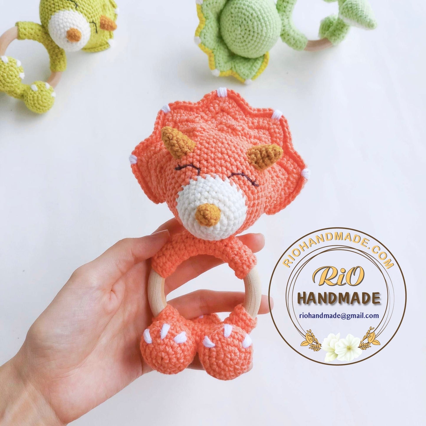 Crochet Triceratops rattle, Baby Crochet Rattle Gift, Baby Shower Gift