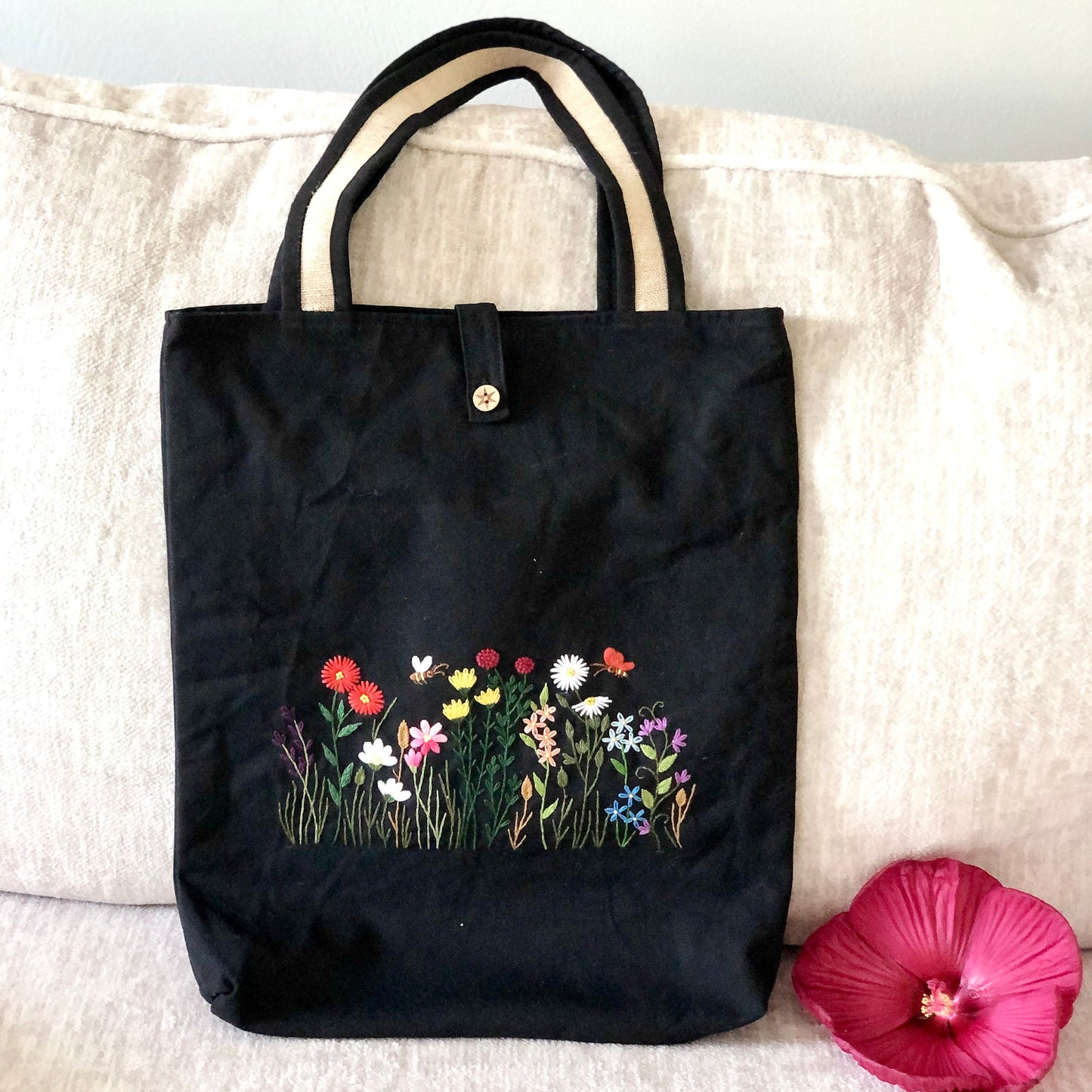 Ready To Ship, Handmade Embroidery Floral Tote Bag Wild Flowers