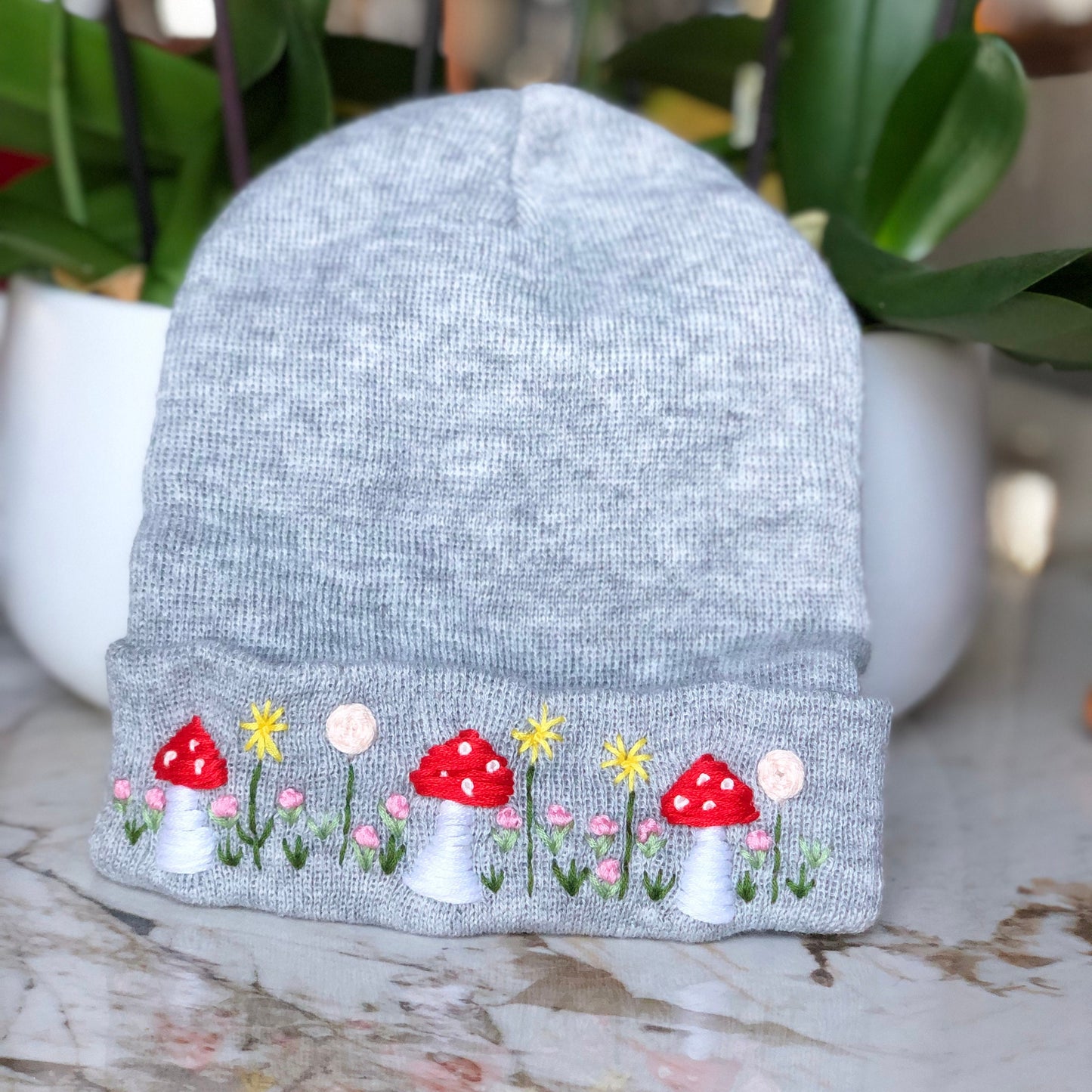 Hand embroidered Beanie, Winter Hat, Plant Hat, Handmade Hat, Mushroom Embroidery