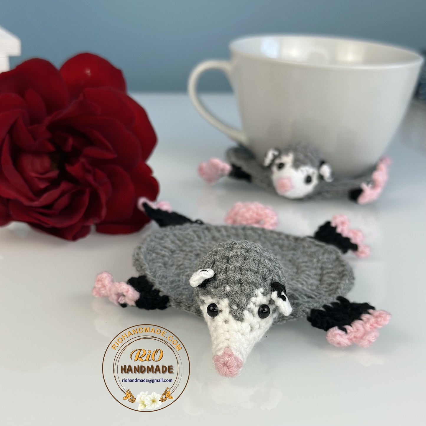Ready To Ship, Rio Handmade Crochet Coaster, Crochet Opossum Coaster, Mug Rug, Housewarming Gift, Home Decor, Gift For Teacher, Parent