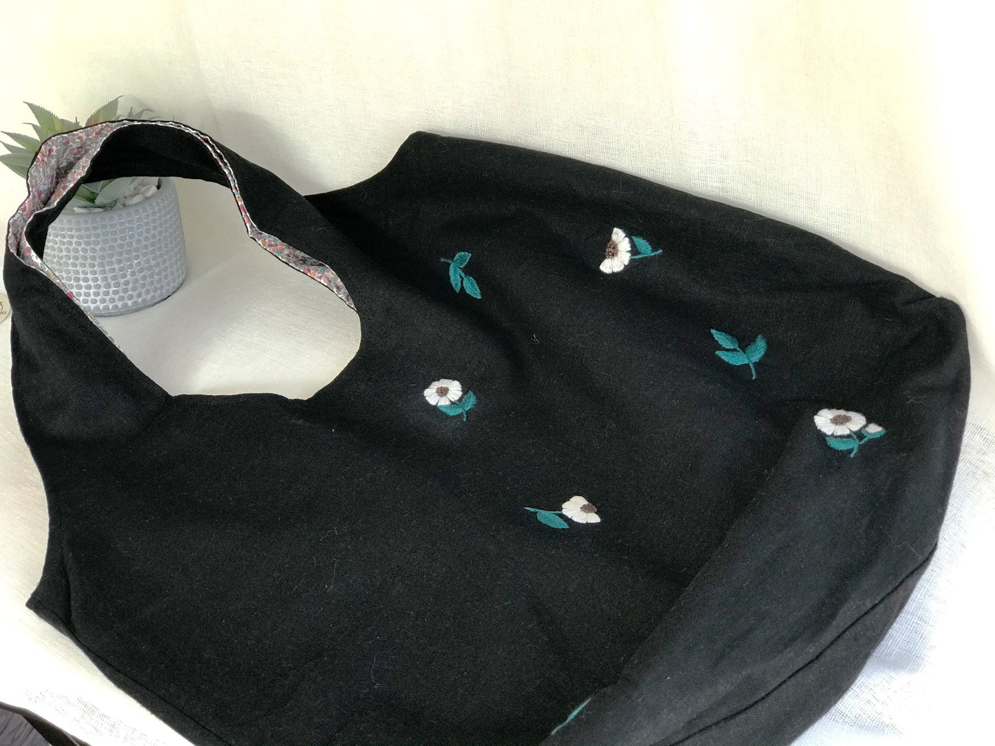 Handmade Linen Embroidery Flower Tote Bag