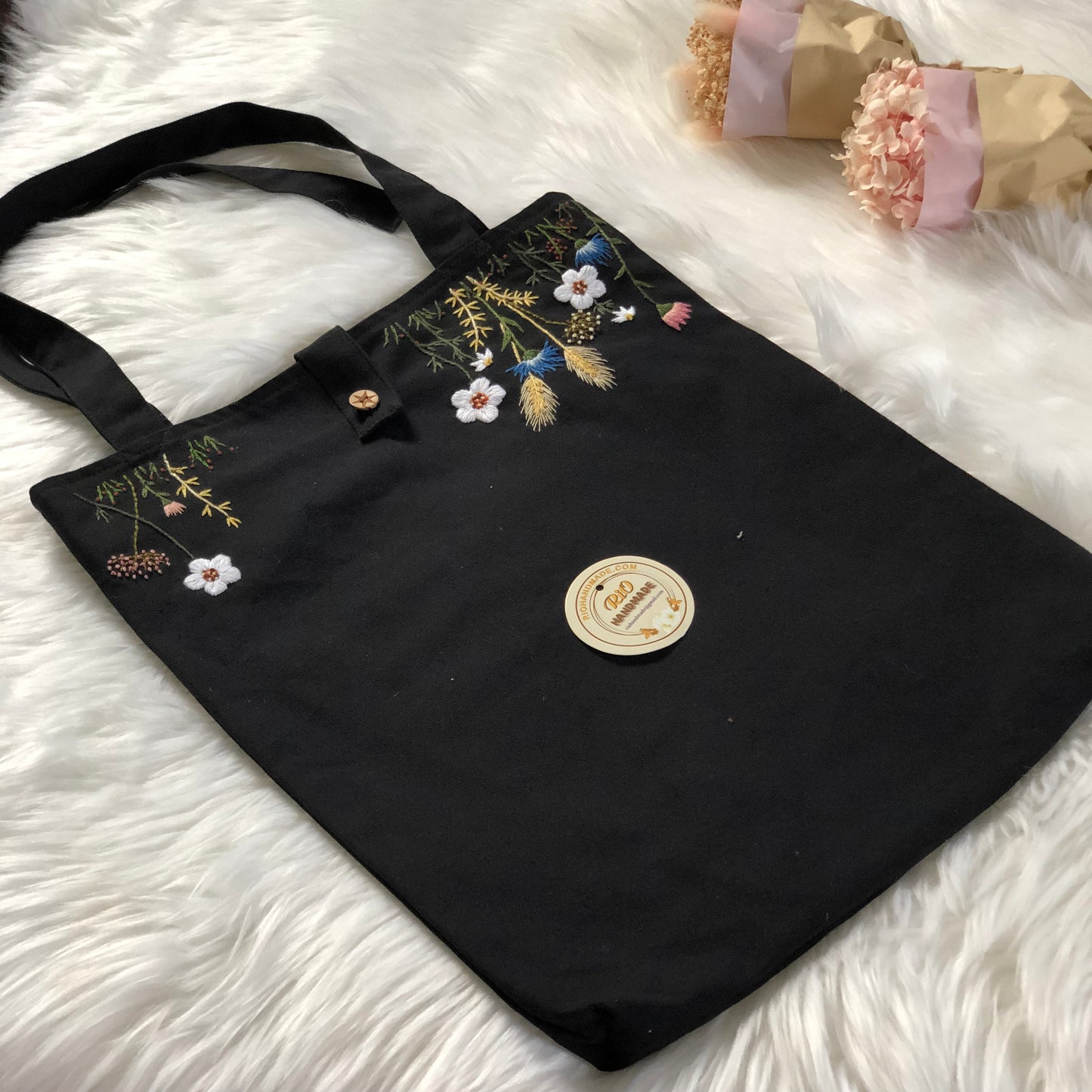 Handmade Embroidery Floral Linen Tote Bag Flowers