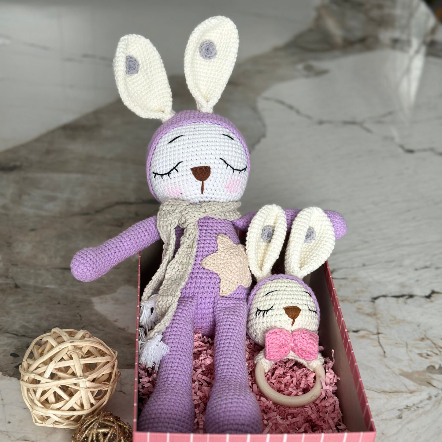 Baby Shower Gift Set For Newborns, Crochet Bunny Doll & Wooden Ring (NO SOUND) Set, Amigurumi Toy, Sleeping Rabbit, Matching Gifts