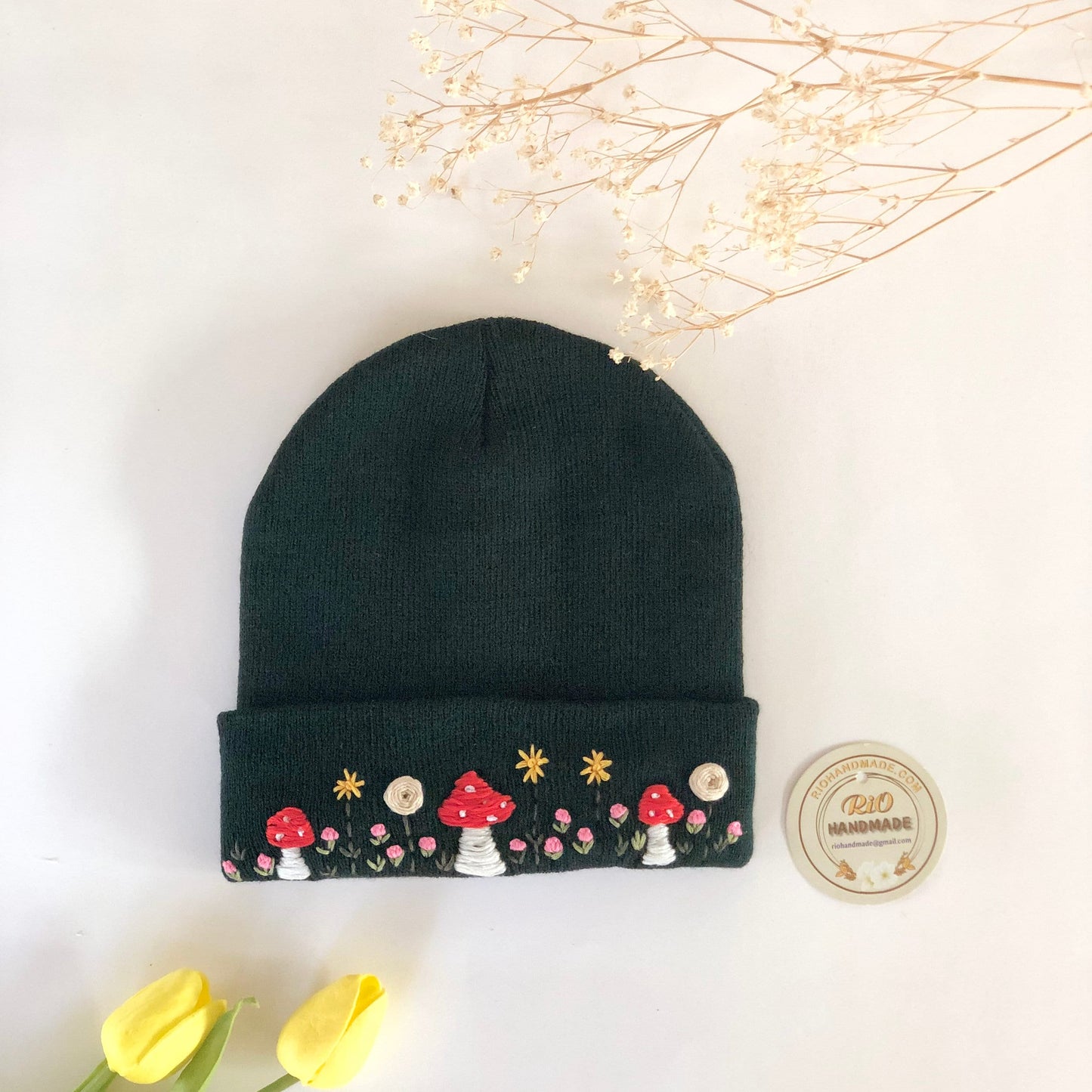 Hand embroidered Beanie, Winter Hat, Plant Hat, Handmade Hat, Mushroom Embroidery