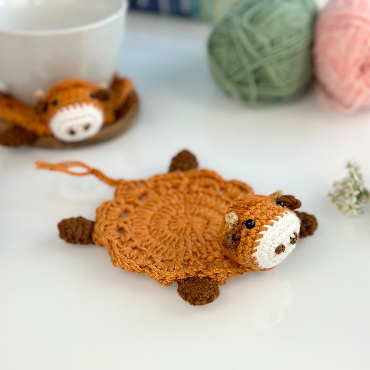Ready To Ship, Rio Handmade Crochet Coaster, Crochet Highland Cow Coaster, Mug Rug, Housewarming Gift, Home Decor