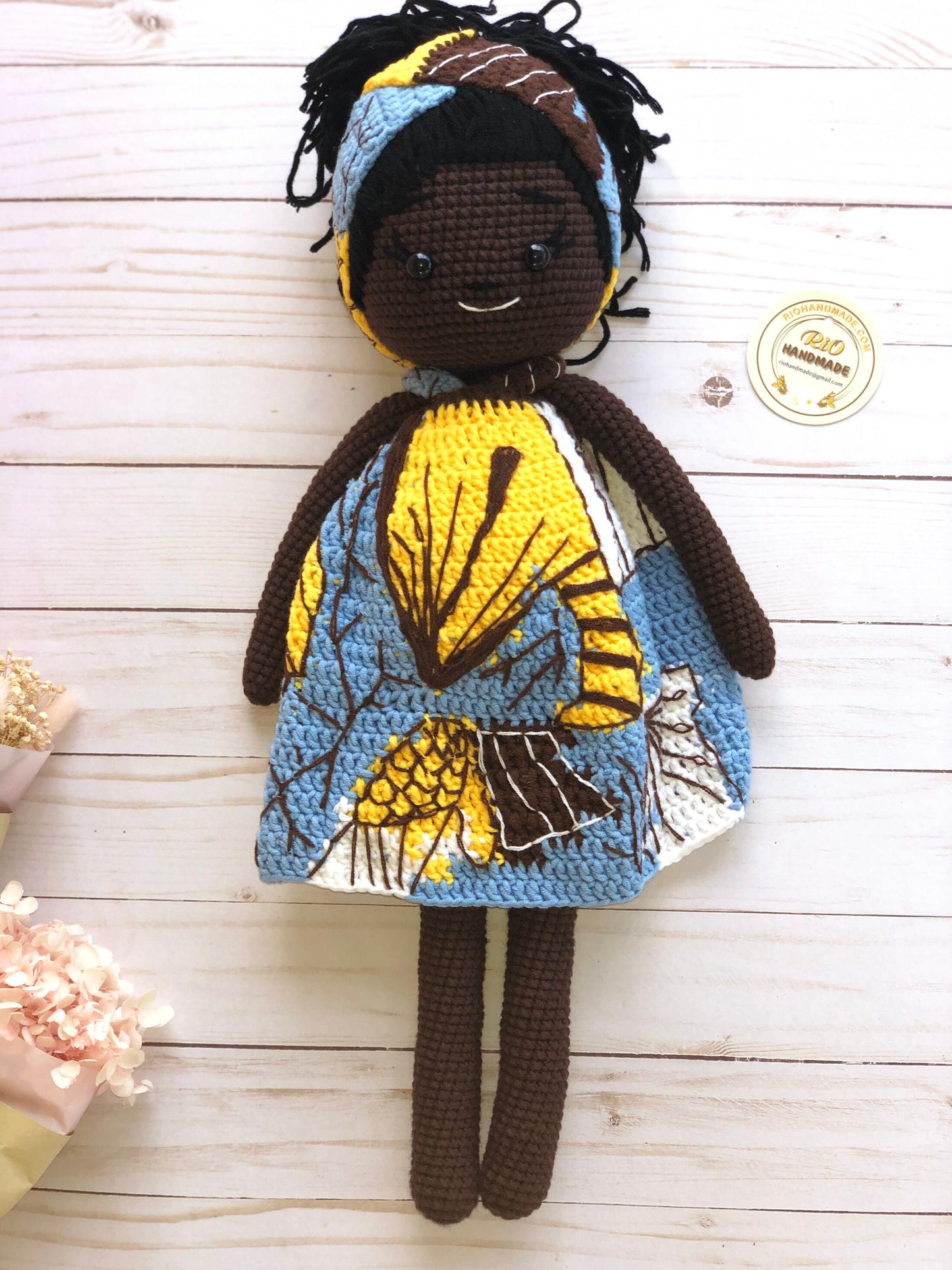 Handmade doll crochet, amigurumi African American, cute, soft toy for baby, toddler, kid, adult hobby
