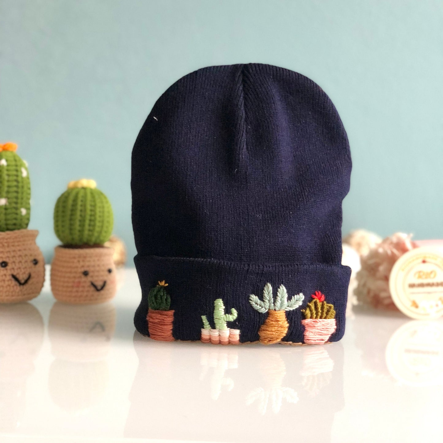 Hand embroidered Beanie, Winter Hat, Plant Hat, Handmade Hat, Cactus Embroidery