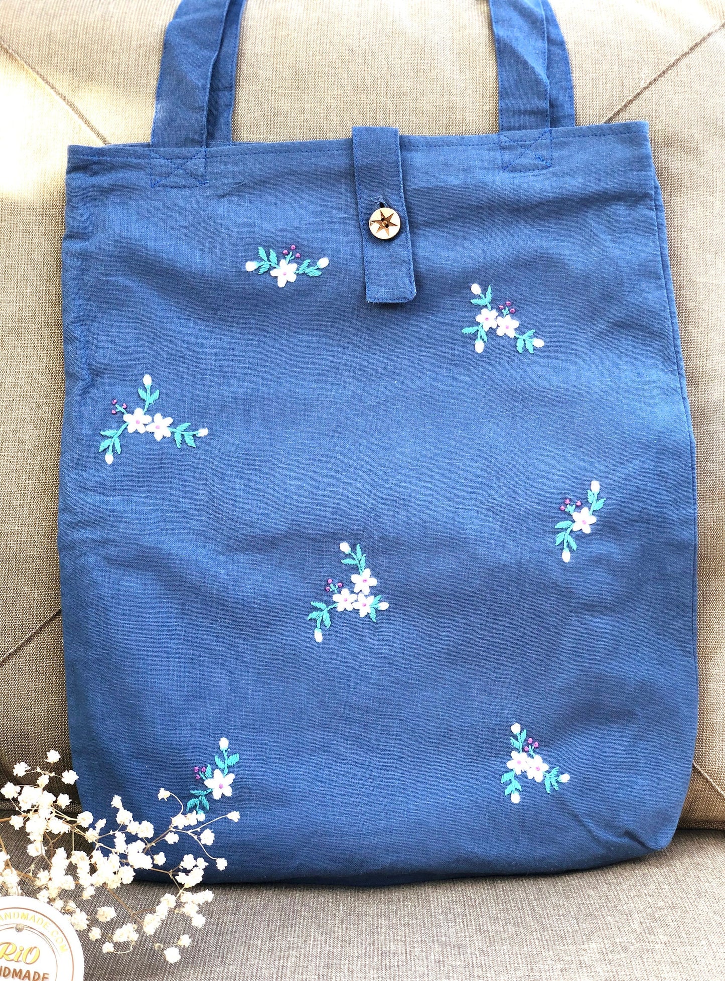 Handmade Linen Embroidery Floral Tote Bag Wild Flowers